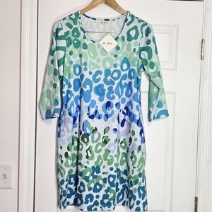 Elegant Multicolor Blue Green Leopard Print Dress Size Small